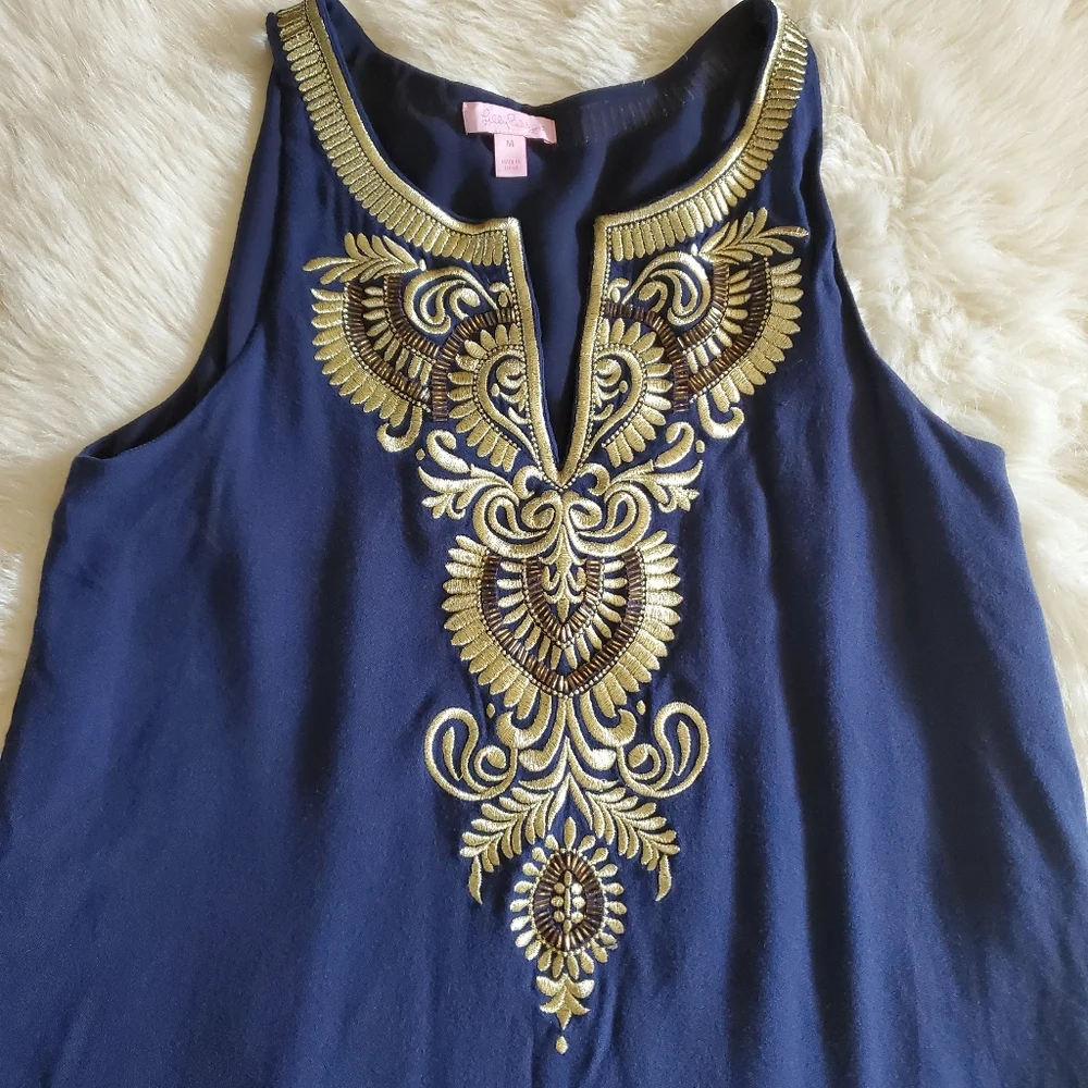 Lilly Pulitzer Aubra Blue And Gold Shift Dress Size Medium - Picture 9 of 14